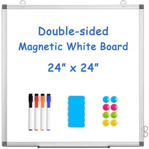 WALGLASS Double-Sided White Board, 24" x 24" Dry Erase Board Magnetic Whiteboard for Wall, Hanging Mounted Whiteboard Silver Aluminium Frame for Home, School, Office, Kitchen (White 1-pack)