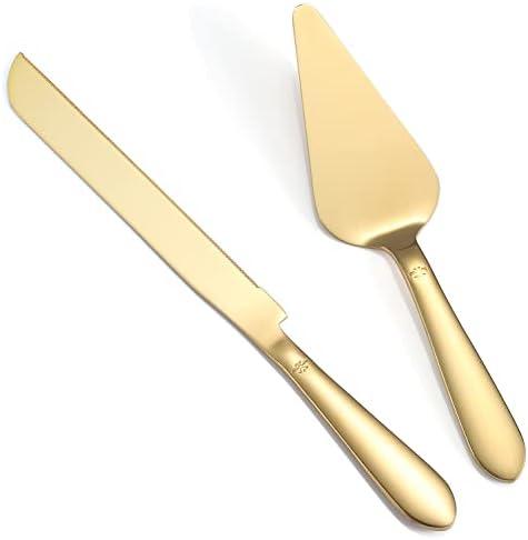 Cake Cutting Set for Wedding, Elegant Cake Knife and Server Set with Thickened Stainless Steel Rounded Edges, Cake Cutter Pie Spatula for Birthday Anniversary Christmas, 2 Pcs, Gold