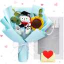 Graduation Crochet Flower Bouquet Set Includes Bear Knitted Sunflower Daisy Bouquet Eucalyptus Greeting Card Gift Bag 2025 Graduation Gift(Blue,Stuffed Bear)