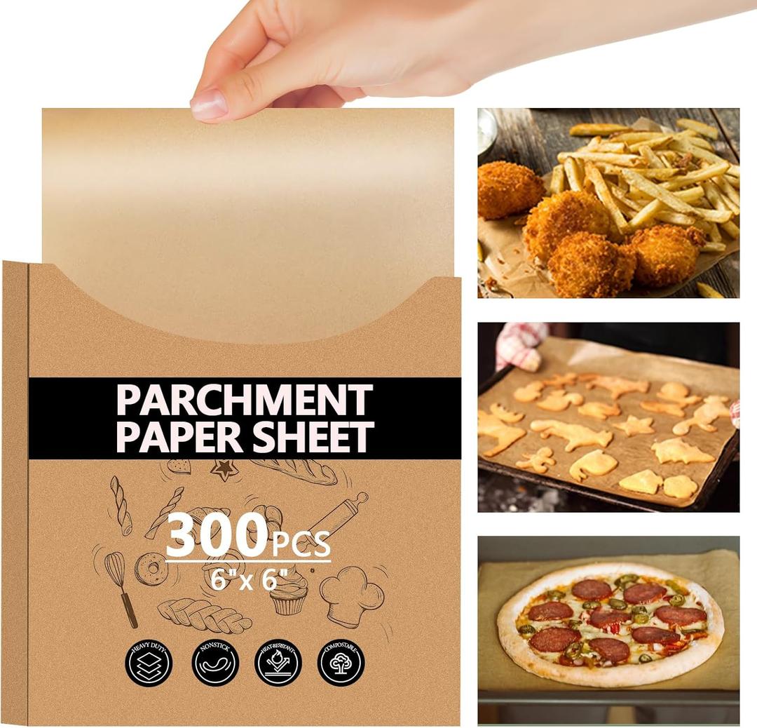 300PCS Thickened Precut Parchment Paper Sheets, 66 In Non-Toxic Burger Paper SheetHeavy Duty Burger Patty Paper for Baking, Grilling, Seperating Patty, Comes in Convenient Packaging, Brown