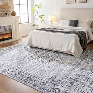 QOTIB 8x10 Washable Area Rug Vintage Distressed, Low Pile Large Rug with Non Slip Backing & Reinforced Edges, Ultra Soft Foldable Indoor Carpet for Living Room, Bedroom, Dining Room, Office, Grey
