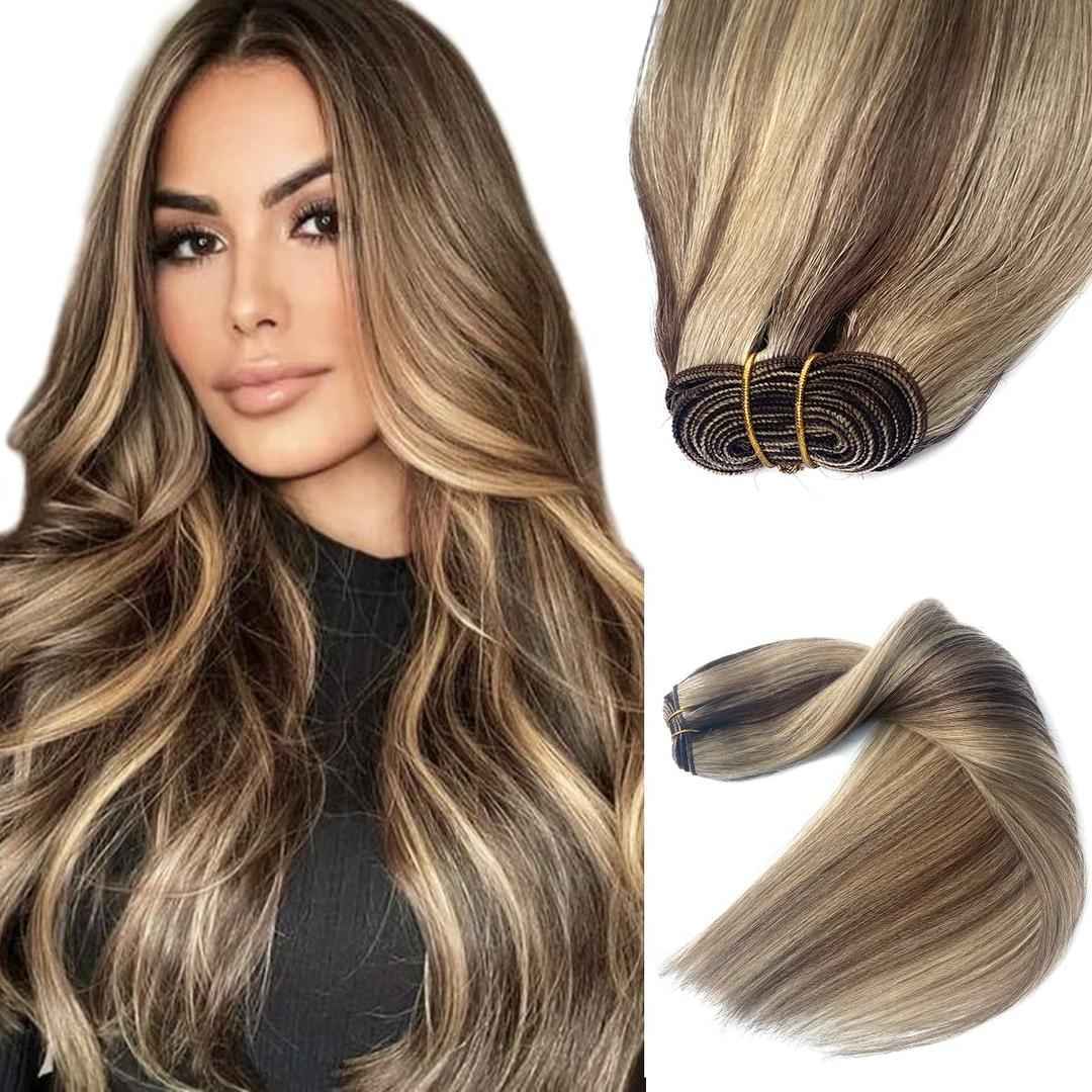 Real Human Hair Sew in Extensions, 12 Inch 100G Balayage Brown Mixed Ash Blonde, Hand Tied Weft for Women (# 4/18/24-Balayage Brown Mix Beige Blonde&Honey Blonde)