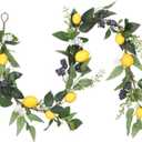 6 FT Artificial Lemon Garland for Front Door, Spring Garland with Lemons White Flowers Blueberry & Green Leaves Summer Fruit Garland for Mantel Fireplace Table, Wedding Home Party Decor