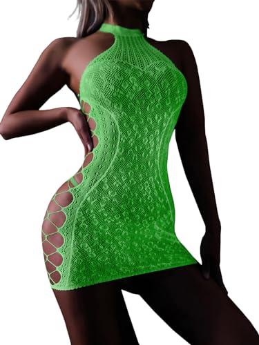 FasiCat Sexy Lingerie for Women Glow in The Dark Lingerie Fishnet Lingerie Dress Womens Mesh Chemise See Through Babydoll Mini Dress High Neck Stretch Chemise Valentine's Day Lingerie (Green)