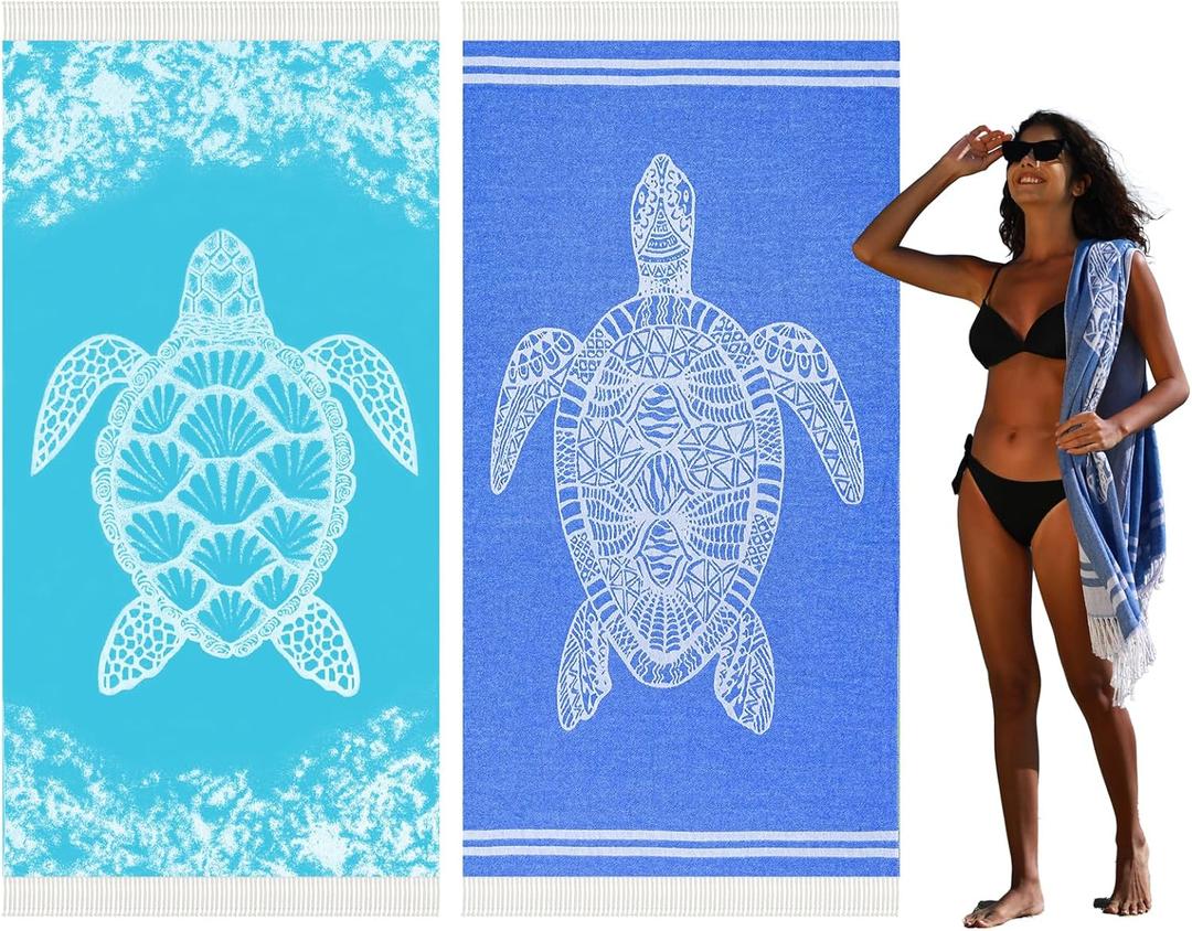 2 Pack Turkish Beach Towel Quick Dry Absorbent Cotton Lightweight Thin Bathroom Bath Pool Swim Towels Extra Large Oversized Sand Free Beach Accessories Essentials Stuff Cloud Adults Gift (X-Large(79 x 36 inches,200 x 90 cm), 2 Pack Blue Dark Blue Turtle)