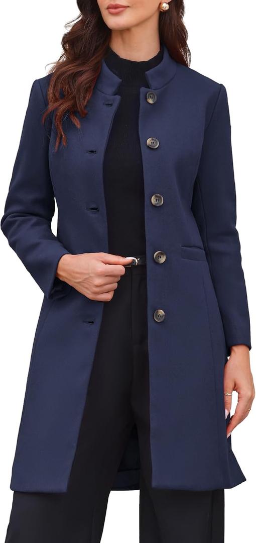 Allegra K Winter Coat for Women Stand Collar Single Breasted Pea Coat Mid-Long Outwear with Pocket,XL