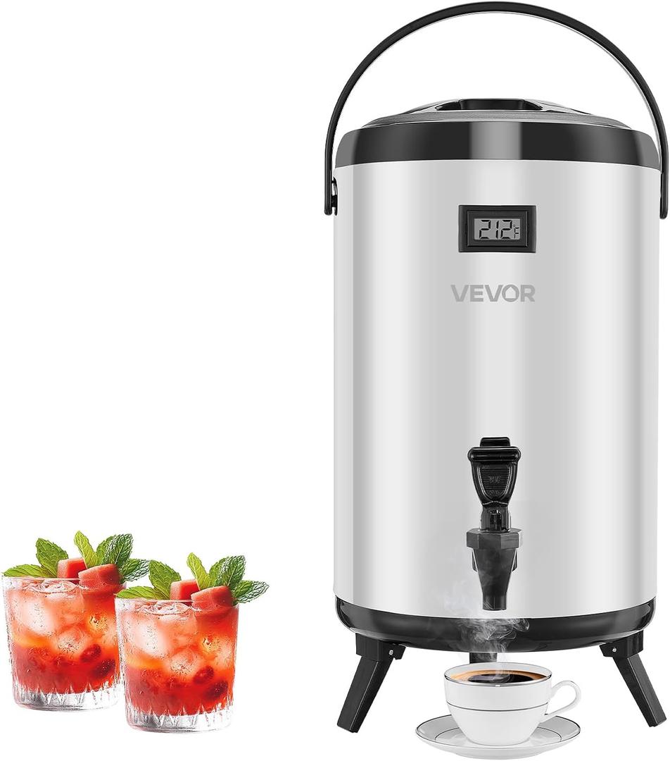 VEVOR Insulated Beverage Dispenser, 3.2 Gal/12L Stainless Steel Thermal Drink Server with Spigot & Temp Display, Suitable for Hot and Cold Drinks, for Tea Coffee Water in Cafes & Restaurants, Silver
