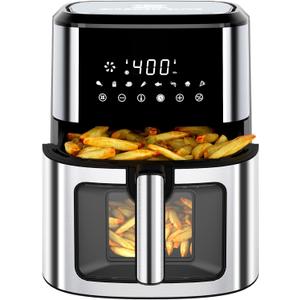 Air Fryer Stainless Steel with View Window, XL 8.5QT Large Airfryer, 8-in-1 Digital Control, 400F Temp Controls, Nonstick Dishwasher-Safe, Space-Saving, Roast, Broil, 1500W