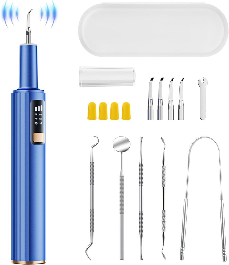 Plaque Remover for Teeth, Dental Tools, Teeth Cleaning Tools with 4 Replaceable Heads, 6-in-1 Dental Pick, LED Light, Waterproof, Rechargeable for Home & Travel Use