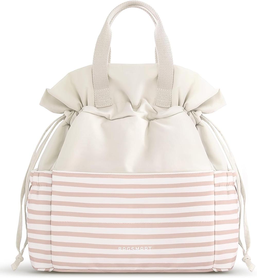 BAGSMART Lunch Bag Women Cute Lunch Box Drawstring Tote Cooler with Multi-Pockets Cinch Closure Insulated Tote for Work, Office, Outdoors (Beige)