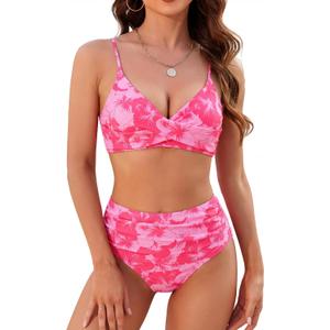ZAFUL Women High Waisted Bikini Sets Two Piece Swimsuit Push Up Twist Front Ruched Bathing Suit (X-Small, Rose Red Print)
