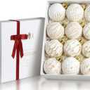 White and Gold Rustic Christmas Ball Ornaments, 3.15 inches Vintage Christmas Tree Decorations, 12 PCS Large Shatterproof Neutral Farmhouse Luxury Xmas Ornaments for Christmas Tree, Home Decor