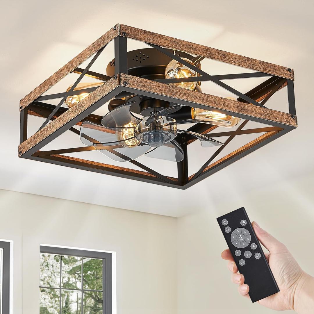 LEDIARY Caged Low Profile Ceiling Fans with Lights and Remote, Rustic Square Flush Mount Ceiling Fan, 6 Speed and Reversible, Small Farmhouse Bladeless Ceiling Fan for Bedroom, Kitchen, Dining Room (Wood Grain)