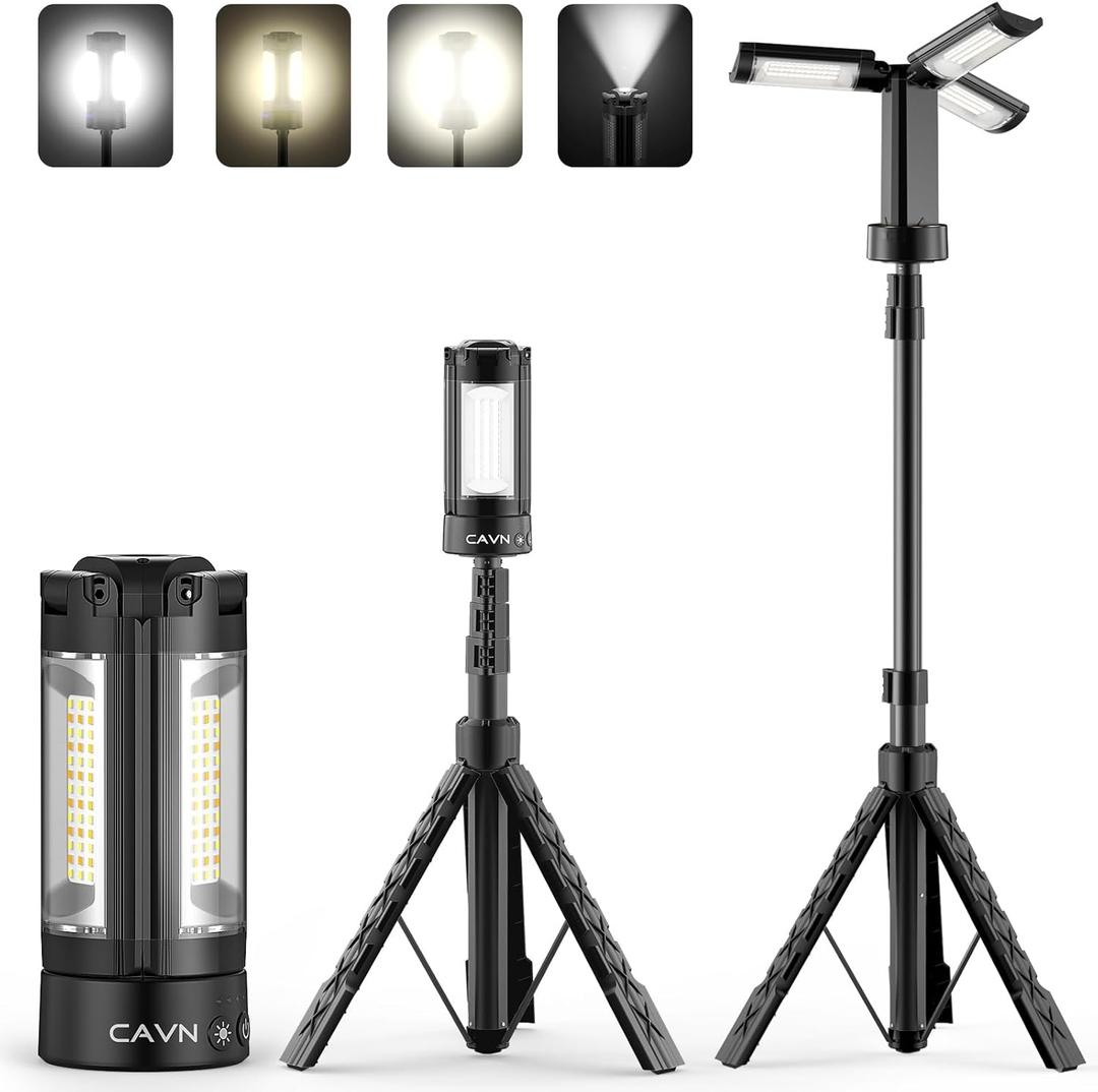 CAVN Rechargeable Camping Lights with Stand 6.5 ft Max Height, Portable Cordless LED Work Light 2200 Lumens 6500/4500/3500K Dimmable Camping Essentials Gear with Detachable Tripod, Black