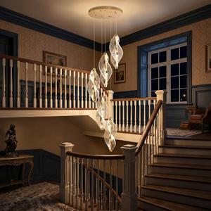 5-Light Gold Modern Chandelier Dimmable Light Fixture High Ceiling Chandelier for Foyer Acrylic Chandeliers Adjustable for Staircase Living Room Enterway Corridor LED Included
