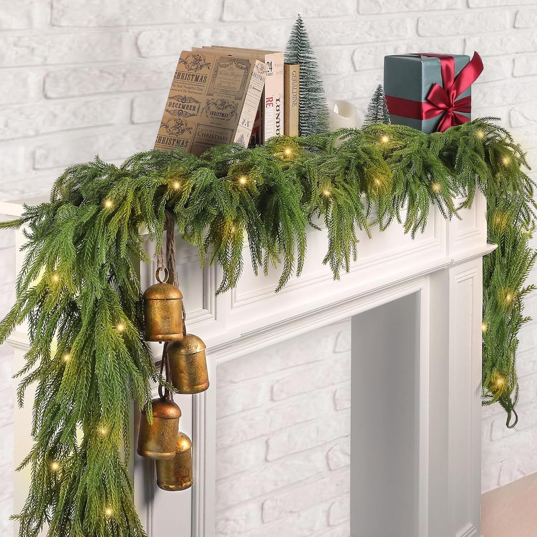 Fovths 1 Pack 6 Feet Christmas Norfolk Garlands Set Artificial Faux Greenery Garland 4 Cow Bell with Jute Hanging Rope Light String Winter Pine Garland for Xmas Indoor Holiday Decor, Green