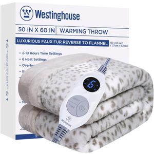 Westinghouse Heated Throw Blanket, Grey Leopard Electric Throw Blanket, Luxury Faux Fur to Flannel Reversible, 6 Heating Levels & 2-10 Hours Time Setting, Machine Washable (Throw, 50"x60")