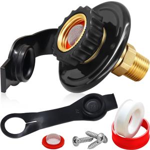 RV City Water Inlet with Check Valve, 3/4 NH Female to 1/2 NPT Male Black Flange RV Fresh Water Inlet, Lead-free Brass RV Water Connection Inlet with Dust Plug for RV Camper Motorhome Trailer Marine