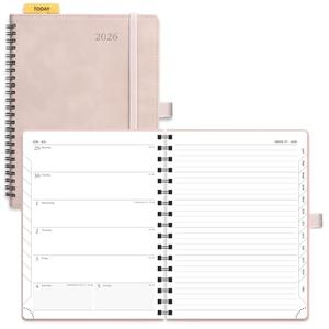 POPRUN 2026 Planner Weekly Notebook (Jan-Dec), Medium 8.5''x 6.5'' - Agenda 2026 Calendar Book with Monthly Tabs, Inner Pocket, Spiral Soft Cover, 100 GSM - Soft Pink
