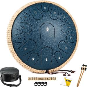 Steel Tongue Drum - 13 Inches 15 Notes Tongue Drum - Hand Pan Drum with Music Book, Handpan Drums Mallets and Carry Bag, D Major (Navy Blue)