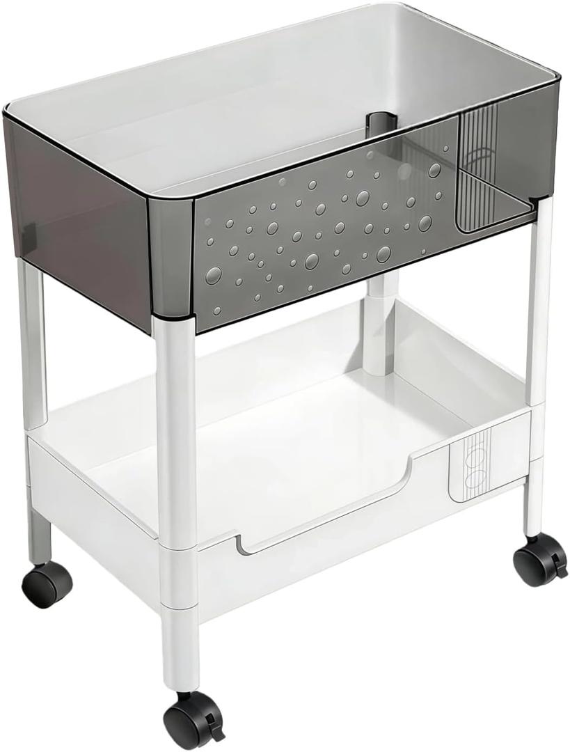 2 Tier Rolling Cart with Wheels for Under Desk Storage, Heavy Duty Plastic Short Small Utility Cart for Small Space Bathroom Vanity Makeup Organizer Pantry, 4.7'' Deep Baskets for Tall Bottles