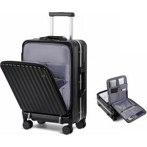 Somago Carry on Luggage Front Open 22x14x9 Airline Approved Lightweight Suitcase with Cup Holder and USB Port Aluminum Frame Polycarbonate Spinner Hard Suitcase with TSA Lock (Classic Black)