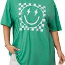 SOLY HUX Women's Plus Size Graphic Tees Crew Neck Short Sleeve T-Shirts Checkered Loose Tee Tops (Green, XL)