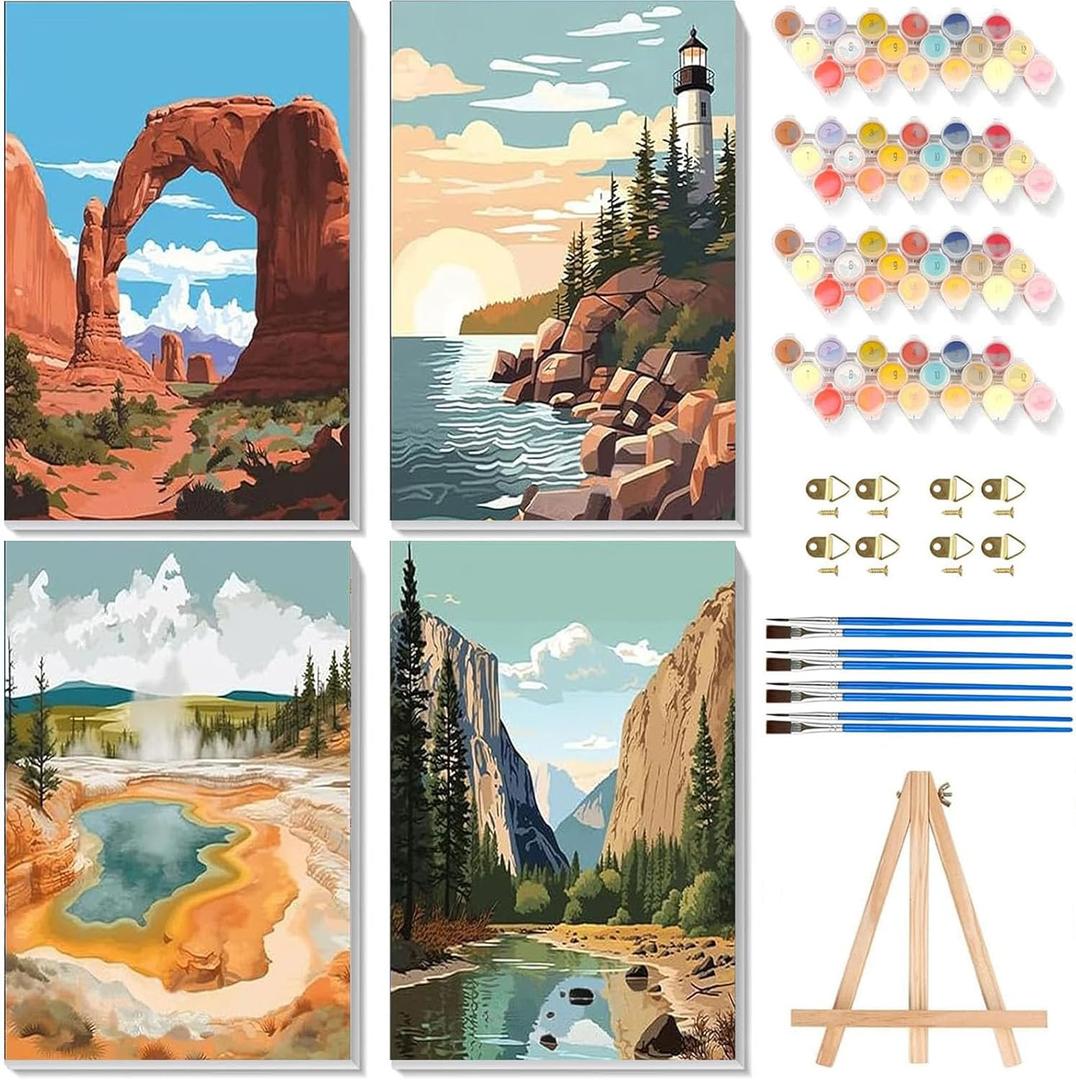 4 Pack Paint by Numbers for Adults with Framed Canvas - with Wooden Easel, National Park Paint by Number on Canvas, DIY Landscape Acrylic Oil Painting Kits with Brushes for Home Wall Decor (8x12 inch) (BKH1300+BKH1301+BKH1302+BKH1303)