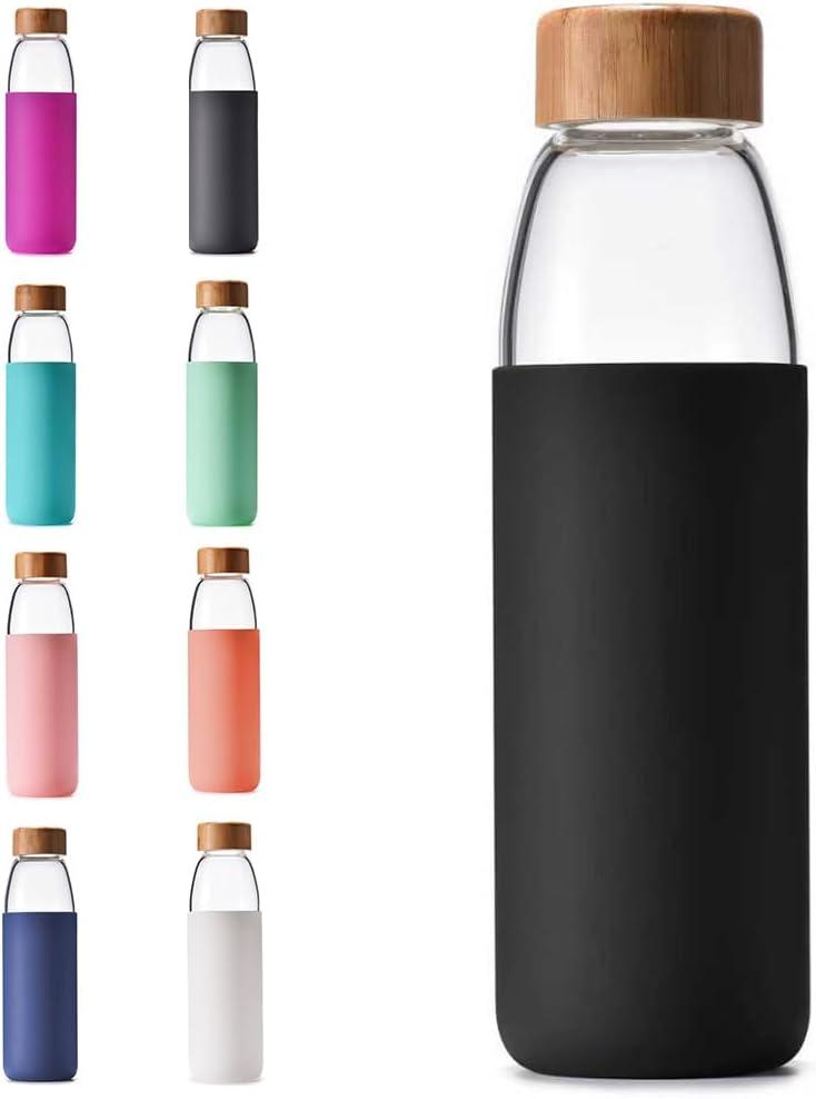 veegoal 25 Oz Borosilicate Glass Water Bottles with Bamboo Lid, BPA-FREE, Non-Slip Silicone Sleeve, and Stainless Steel Leak Proof Lid - Reusable Glass Bottle for Men and Women (Luxury Black)