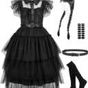 VOKOFAYE Black Dress Costume for Girls 4-5 Years Old, Kids Black Dress Up Clothes with Wig & Accessories, Halloween Cosplay Gift for Party