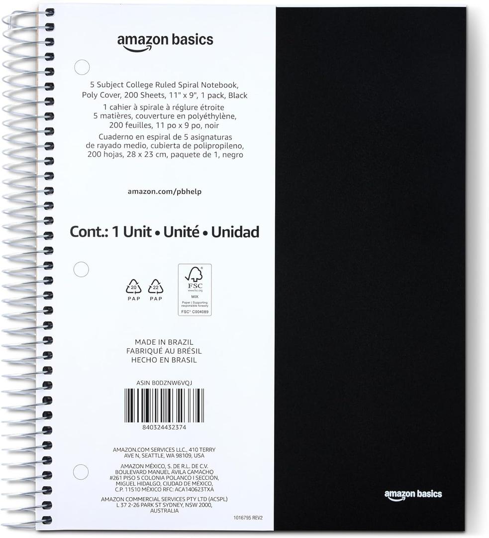 Basics 5 Subject College Ruled Spiral Notebook, Poly Cover, 200 Sheets, 9" x 11", Black, Pack of 1 