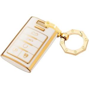 YHC Key Fob Cover for Cadillac with Gold Keychain Key Shell for Escalade SRX CTS ATS XTS DTS STS 2008-2015 (White), 2Pack