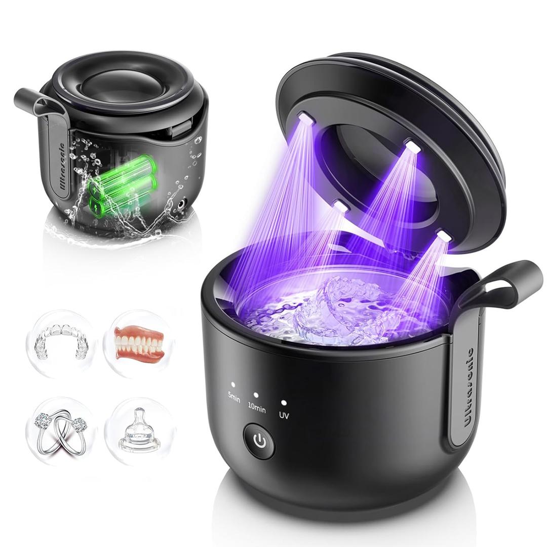 Ultrasonic Retainer Cleaner Machine: 48kHz Rechargeable Cordless Denture Cleaner - Waterproof Ultrasonic Jewelry Cleaner - 200ML Dental Cleaning Pod for Mouth Guard, Aligner (Black)