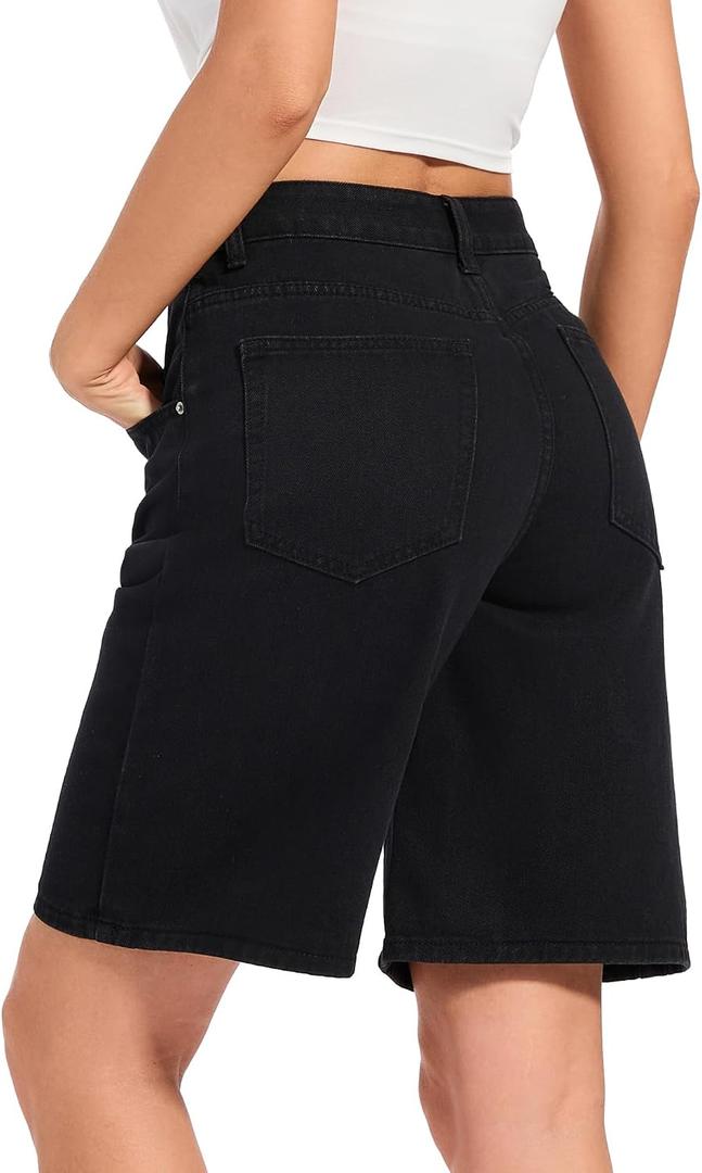Baggy Jorts for Women Mid-Low Waisted Jean Short Casual Loose Fit Wide Leg Knee Length Denim Bermuda Shorts Y2k (Black, XL)