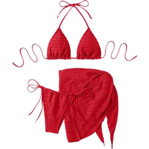 GORGLITTER Women's 3 Piece Swimsuits Halter Triangle String Bikini Set with Beach Skirt Swimwear Set (Medium, Red)