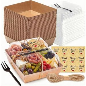 50 Pack Small Individual Charcuterie Boxes with Clear Lids and Forks - To Go Paper Mini Charcuterie Box, Disposable Food Containers, 5Inch Dessert Boxes for Cookie, Cake Slice, Strawberries (Brown)
