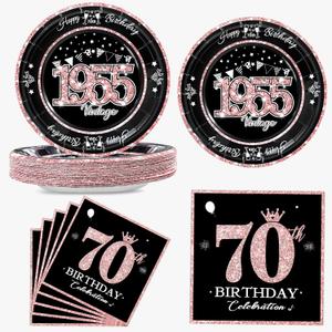 60 PCS Vintage 70th Birthday Plates and Napkins Set, 70th Birthday Decorations Rose Gold, Service for 30, 1955 Birthday Dessert Plates and Napkins Party Supplies for Women