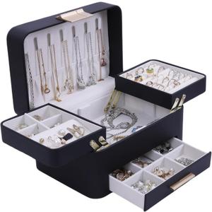 KAMIER Jewelry Box, Jewelry Organizer with Drawers, 3 Layers Jewelry Storage Organizer for Earring, Ring, Necklace, Bracelets, Gift for Women, Girls, Men, Black