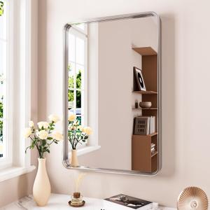 JISOSO Brushed Nickel Bathroom Mirror 24x36 Inch, Brushed Silver Metal Frame Mirror Wall Mounted, Rounded Rectangle Bathroom Vanity Mirror, Tempered Glass, Anti-Rust, Horizontal/Vertical