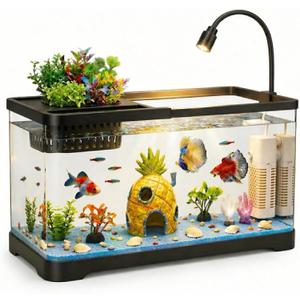 4 Gallon Fish Tank Aquarium Starter Kit with Filter and Light(Medium Black)