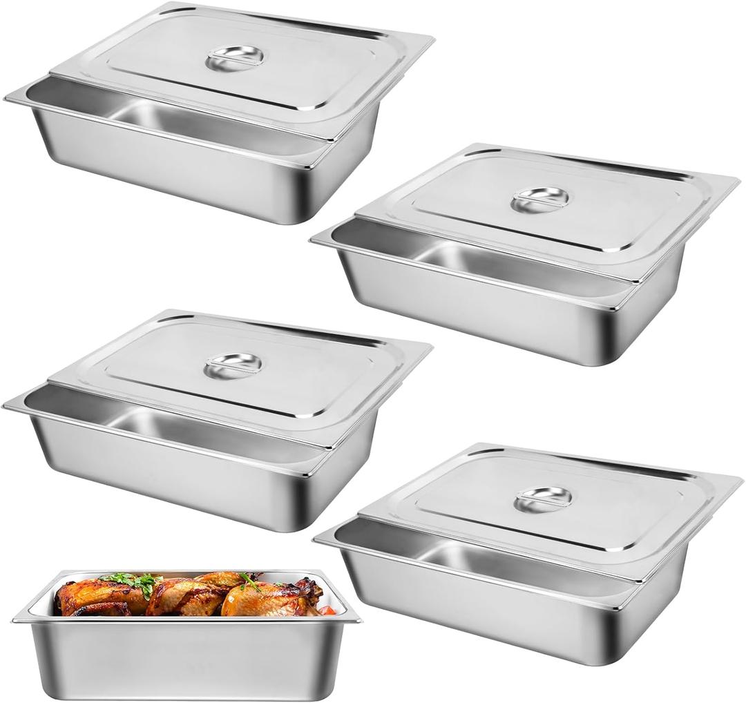 Hotel Pan, Full Size Steam Table Pan 6" Deep Stainless Steam Table Pan with Lid Full Size Food Pan 20.8" L x 13" W Anti Jam Stainless Steel Buffet Pan Commercial Stainless Steel Pan (4 Pack)
