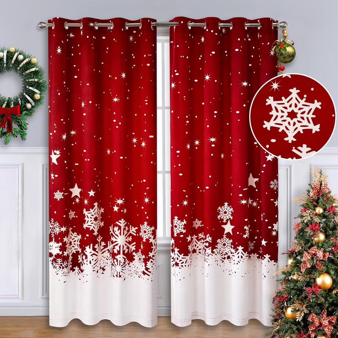 CAROMIO Christmas Curtains for Living Room 2 Panel Sets, Red Velvet Window Curtains 84 Inches Long, Floral Snowflake Decoration Curtain, Thermal Insulated Room Darkening Curtain, 52 x 84 Inches