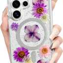Loheckle for Samsung Galaxy S24 Ultra Case for Women - Compatible with MagSafe Girls Cute Glitter Flower Floral Girly Aesthetic Sparkle Unique Handmade Phone Cover for Galaxy S24 Ultra 6.8",Purple