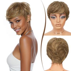 RUWISS Pixie Cut Human Hair Wig  Short Wigs for Black Women with Bangs, Natural Layered Wavy Wig, Glueless, 4/27# (FQ-001)