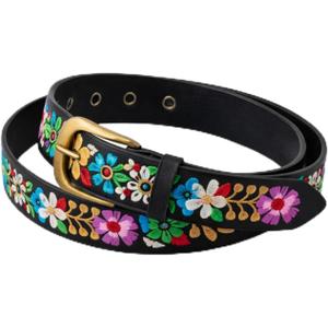 Geyoga Mexican Floral Belt Women Embroidered Western Boho PU Leather Fashion Belt for Dress Jeans Cinco De Mayo Luau Party