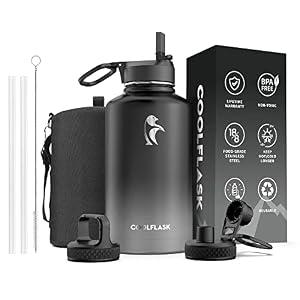 Coolflask Half Gallon Insulated Water Bottle with Straw & 3 Lids, 64 oz Water Jug Large Metal Stainless Steel Wide Mouth for Sports, Gym or Office, BPA-Free Keep Cold 48H Hot 24H, Piano Night