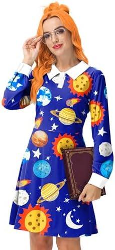 Remimi Women Halloween Costume Peter Pan Collar Long Sleeve Solar System Printed Cosplay Dresses, Size 2XL