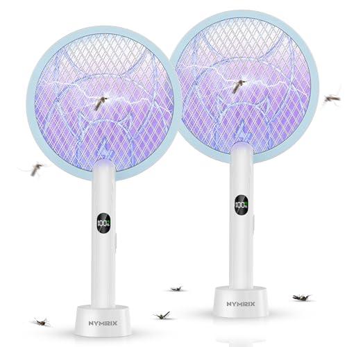Nymrix Electric Fly Swatter Racket, 2 in 1 Mosquito Bug Zapper 4100V Handheld Mosquito Killer with 1800 mAh Rechargeable Battery, Purple Light Stand 3-Layer Safety Mesh for Indoor Outdoor Blue Two-Pack