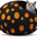 Woolygon Premium Felt Cat Cave Bed - Polka Dot Series - Wool Kitty Beds Handcrafted Kitten Caves Bed for Indoor Cats - Eco-Friendly Merino Wool, Foldable Cat Hideaway Cat Houses (Yellow/Black Dots) (Medium)