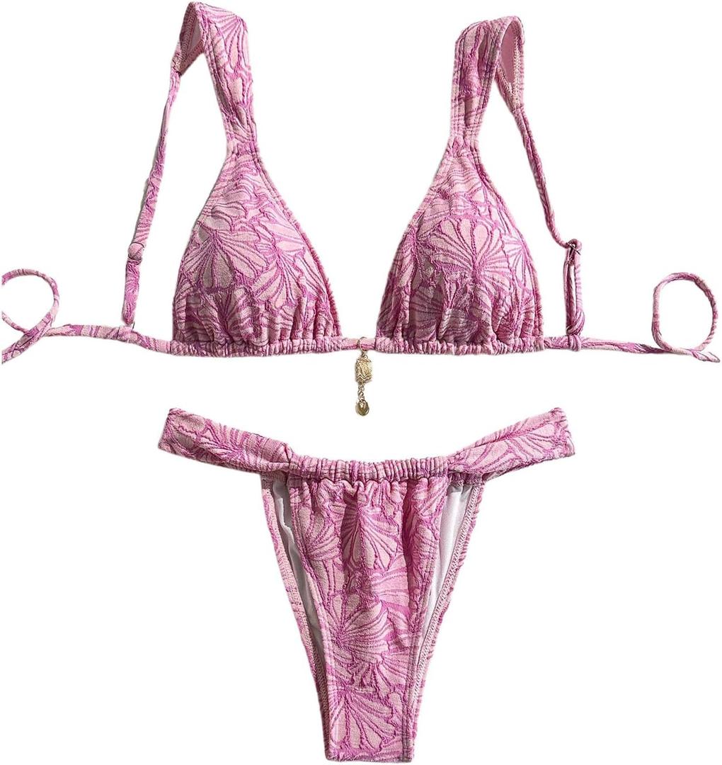 SHENHE Women's Floral Triangle Bikini Set Two Piece High Cut Tie Back Swimsuit Bathing Suit (Medium)